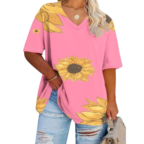 Summer Plus Size Tops For Women Causal Sunflower Loose Short Sleeve V-Neck Pullover Blouse T-Shirt Oversized Women Shirts Under $8 Pink XL