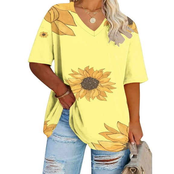Summer Plus Size Tops For Women Causal Sunflower Loose Short Sleeve V-Neck Pullover Blouse T-Shirt Oversized Women Shirts Under $8 Yellow XXXXL