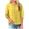 thumbnail image 1 of Summer Plus Size Tops For Women 3/4 Length Sleeve Printing V-Neck Linen Lace Causal Loose Pullover Blouse T-Shirt Women Summer Shirts Under $10 Yellow L, 1 of 5