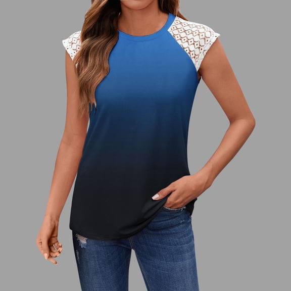 Summer Plus Size Tops For Women Causal Gradient Loose Lace Short Sleeve Crew Neck Pullover Blouse T-Shirt Summer Fashion Women Shirts Under $7 Dark Blue XL