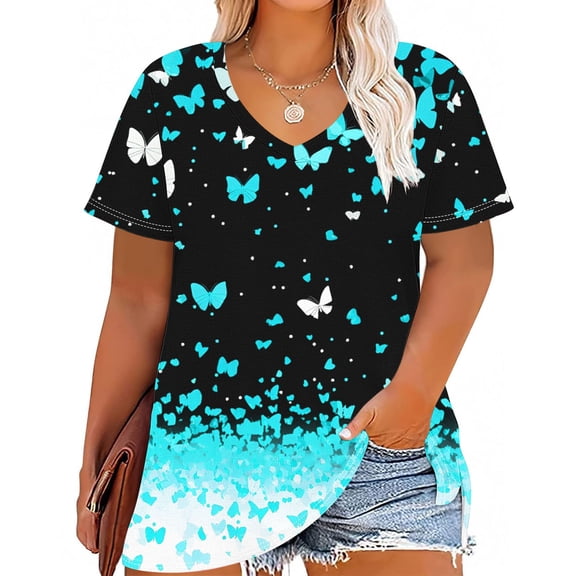 Summer Plus Size Tops For Women Causal Loose Short Sleeve V-Neck Butterfly Printing Pullover Blouse T-Shirt Oversized Women Shirts Under $10 Light Blue 3XL
