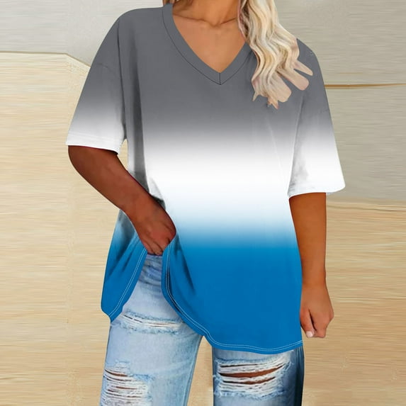Summer Plus Size Tops For Women Causal Multicolor Gradient Loose Short Sleeve V-Neck Pullover Blouse T-Shirt Oversized Women Shirts Under $8 Blue XXXXL