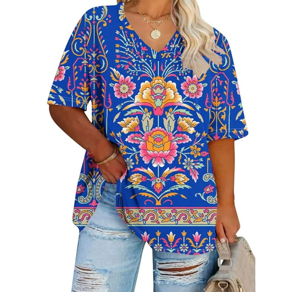 Summer Plus Size Tops For Women Causal Printing Loose Short Sleeve V-Neck Pullover Blouse T-Shirt Oversized Brightly Colored Women Shirts Under $8 Blue XL