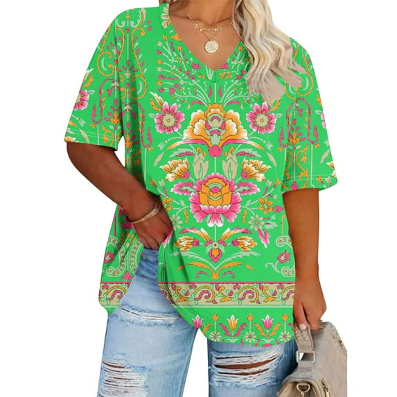 Summer Plus Size Tops For Women Causal Printing Loose Short Sleeve V-Neck Pullover Blouse T-Shirt Oversized Brightly Colored Women Shirts Under $8 Green XL