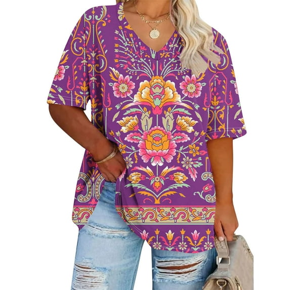 Summer Plus Size Tops For Women Causal Printing Loose Short Sleeve V-Neck Pullover Blouse T-Shirt Oversized Brightly Colored Women Shirts Under $8 Purple XL