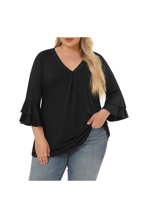 Summer Plus Size Tops For Women Causal Solid Color Loose 3/4 Length Ruffled Sleeve V-Neck Pullover Blouse T-Shirt Oversized Women Shirts Under $10 Black L