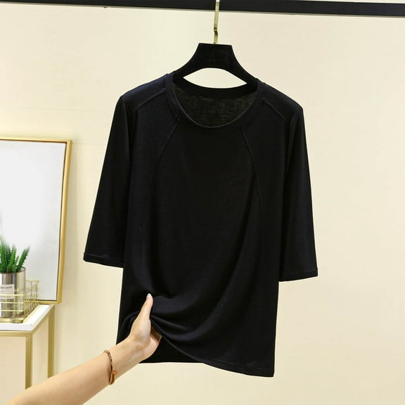 Summer Plus Size Tops For Women Causal Solid Color Loose Short Sleeve Crew Neck Pullover Blouse T-Shirt Summer Fashion Lightweight Women Shirts Under $7 Black M