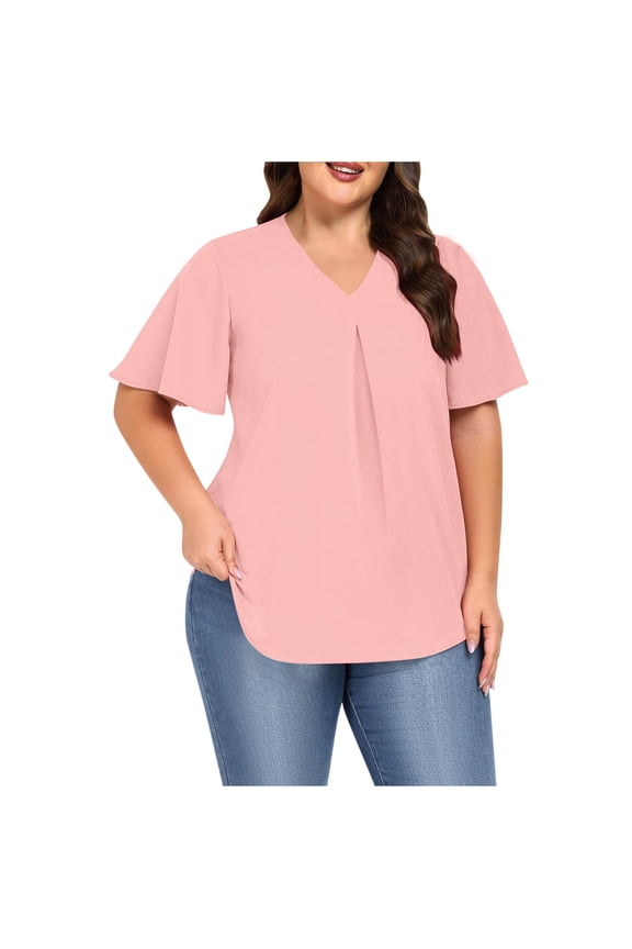 Summer Plus Size Tops For Women Causal Solid Color Loose Short Sleeve V-Neck Pleated Pullover Blouse T-Shirt Oversized Women Shirts Under $6 Pink XXXL