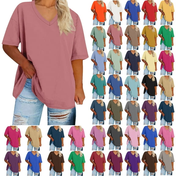 Summer Plus Size Tops For Women Causal Solid Color Loose Short Sleeve V-Neck Pullover Blouse T-Shirt Oversized Women Shirts Under $8 Watermelon Red XL