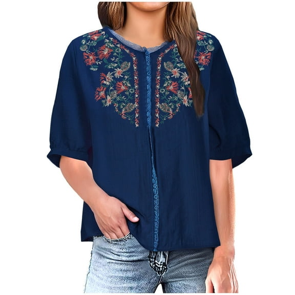 Summer Plus Size Tops For Women Half Length Sleeve Printing V-Neck Linen Lace Causal Loose Pullover Blouse T-Shirt Women Summer Shirts Under $10 Blue S