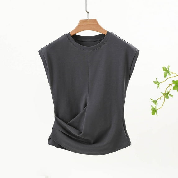 Summer Plus Size Tops For Women Solid Color Sleeveless Crew Neck Pleated Causal Loose Pullover Blouse Shirts Summer Fashion Women Shirts Under $7 Dark Gray M