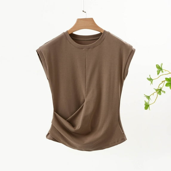Summer Plus Size Tops For Women Solid Color Sleeveless Crew Neck Pleated Causal Loose Pullover Blouse Shirts Summer Fashion Women Shirts Under $7 Khaki XXL