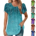 thumbnail image 1 of Summer Plus Size Tops for Womens 2025 Fashion Short Sleeve Round Neck Cover Casual Pleated Tunic Top Curved Hem Printed Top Gifts for Womens, 1 of 7
