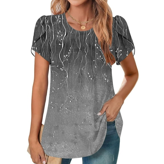 Summer Plus Size Tops for Womens 2025 Fashion Short Sleeve Round Neck Cover Casual Pleated Tunic Top Curved Hem Printed Top Gifts for Womens