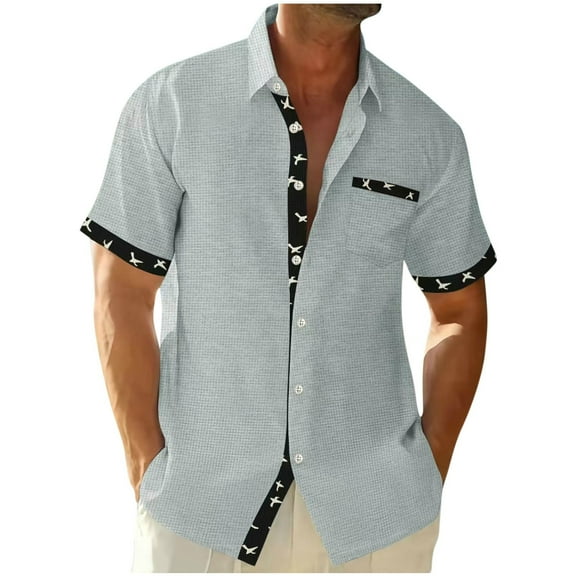 Summer Plus Size Tops for Men Fashion Casual Color Blocked Turndown Collar Button Short Sleeved Shirt