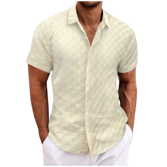 Summer Plus Size Tops for Men Fashion Casual Solid-Color Checkered Button Short Sleeve Turndown Collar Blouse Shirt