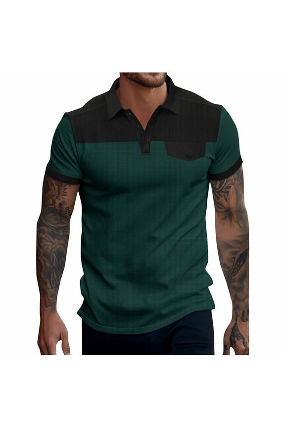 Summer Plus Size Tops for Men Fashion Leisure Button Mock Pocket Color Blocking Flip Collar Short Sleeve