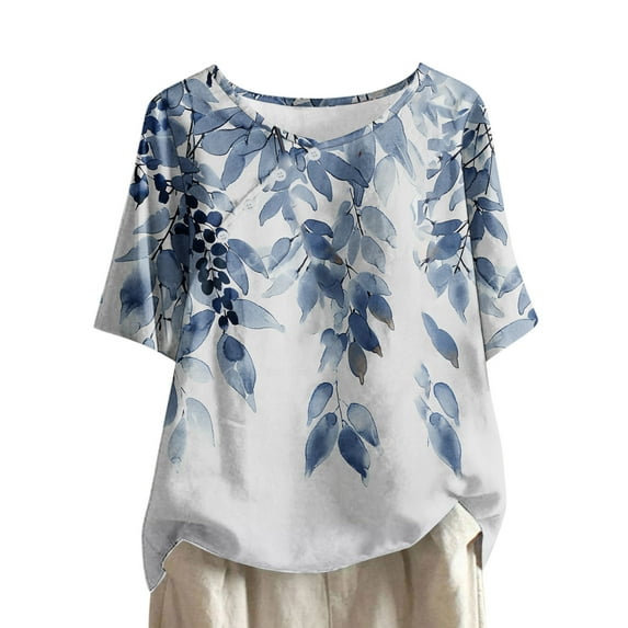 Summer Plus Size Tops for Women Leaves Printed Crew Neck Casual Tees Loose Fit Linen Blend Short Sleeve T-shirts (X-Large, Blue)