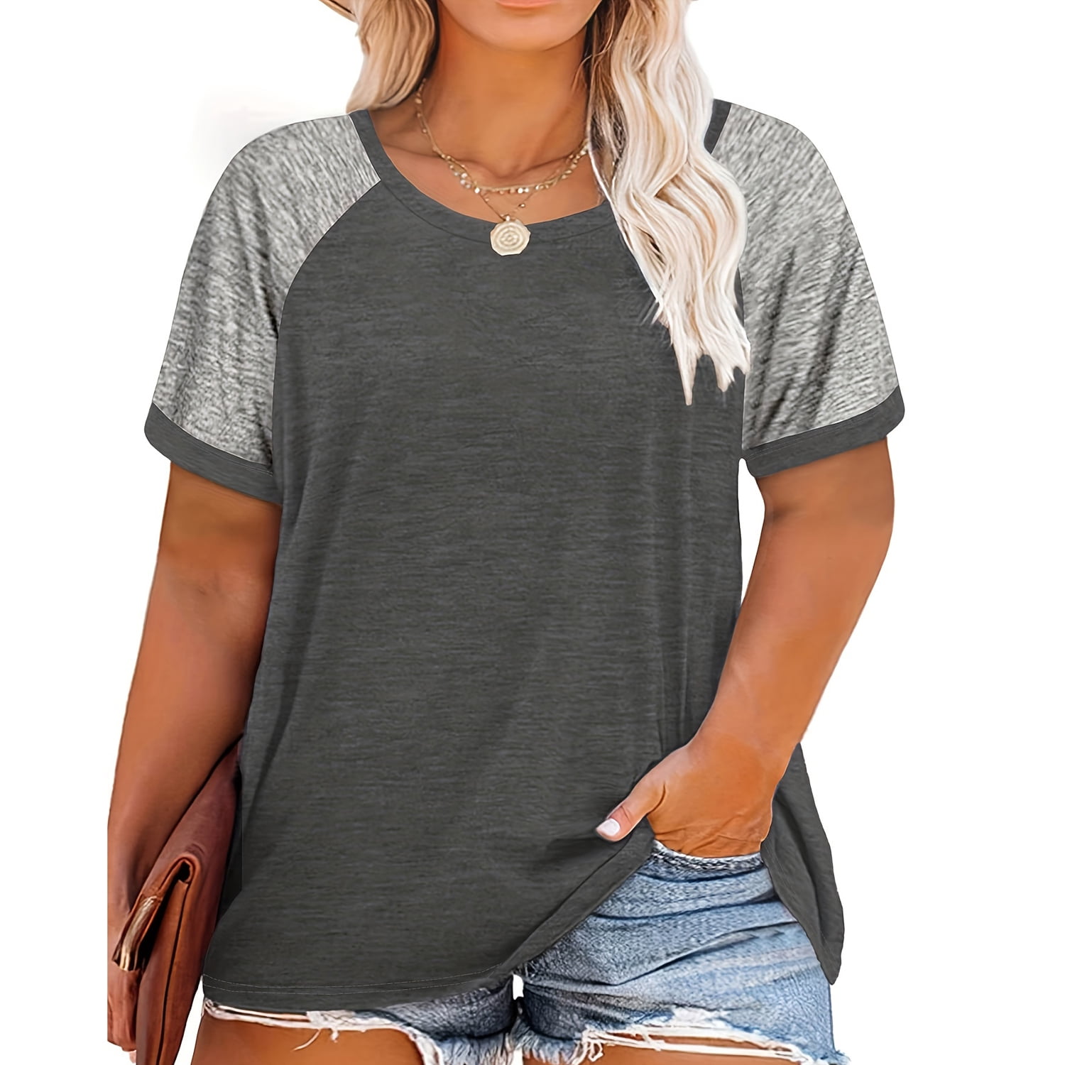 CARCOS Plus Size Women's Top – Short Sleeve Color Block Raglan Tee (Coral Pink, 2X)