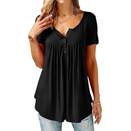 Summer Plus Size Tops for Women Short Sleeve T-Shirts Solid Color Buttons Round Neck T Shirts Blouses Tops Oversize