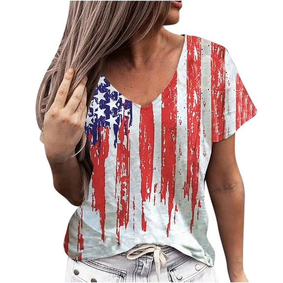 Summer Plus Size Tops for Women V Neck Dressy Casual Comfy Womens T Shirts Star Stripe Print Short Sleeve Blouses