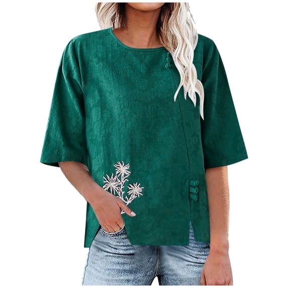 Summer Plus Size Tops for Womens 2024 Fashion Crew-neck Single-breasted Cotton And Linen Top Womens Plus $15 & Under