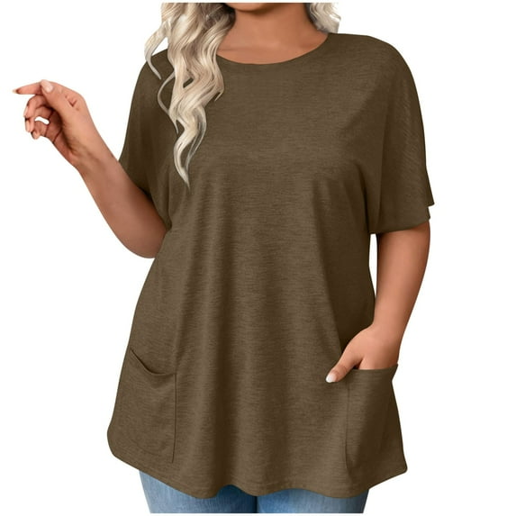 Summer Plus Size Tops for Womens 2025 Fashion Casual Pullover Short Sleeve Round Neck Button Shirt Top Blouses Gifts for Womens