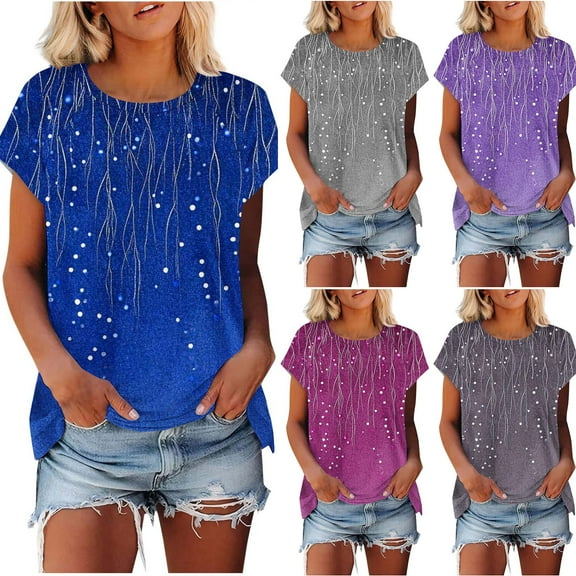 Summer Plus Size Tops for Womens 2025 Fashion Casual Short Sleeve Round Neck Print Ladies Blouse Gifts for Womens