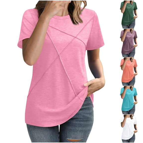 Summer Plus Size Tops for Womens 2025 Fashion Solid Color Short-sleeved Round Neck Line Casual Top T-shirt Gifts for Womens
