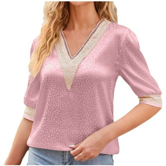 Summer Plus Size Tops for Womens 2025 Fashion V-Neck Solid Lace Satin Mid Sleeved Top