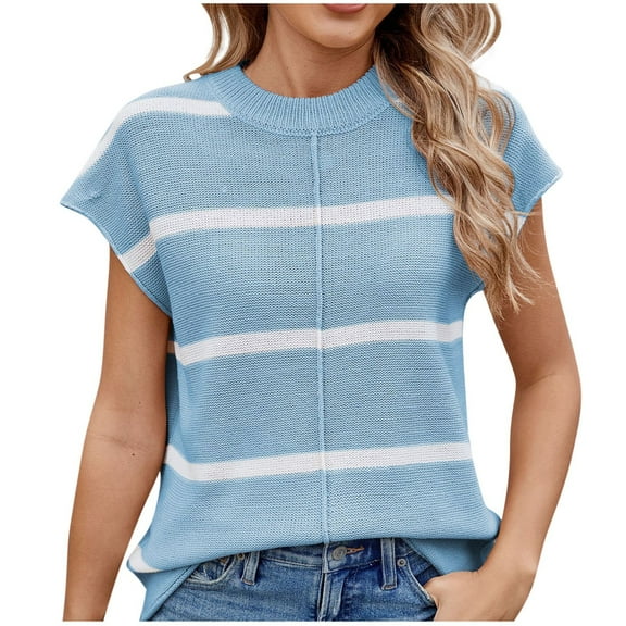 Summer Plus Size Tops for Womens 2026 Fashion Casual Striped Shoulder Crew Neck Sweater Knitted Pullover Top