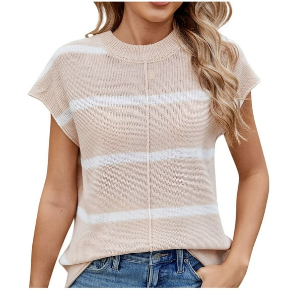 Summer Plus Size Tops for Womens 2026 Fashion Casual Striped Shoulder Crew Neck Sweater Knitted Pullover Top