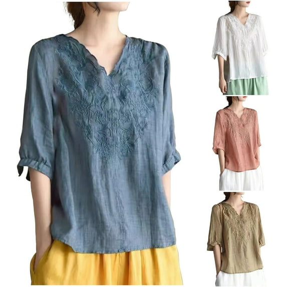 Summer Plus Size Tops for Womens 2026 Fashion Embroidered Round Neck Five Quarter Sleeved Short Sleeved