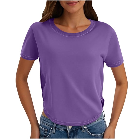 Summer Plus Size Tops for Womens 2026 Fashion Round Neck Short Sleeve Irregular Hem Solid Color Casual T-shirt