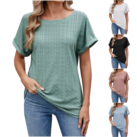 Summer Plus Size Tops for Womens 2026 Fashion Short Sleeved Hollow Round Neck Solid Color Short Sleeved Round Neck Top/shirt