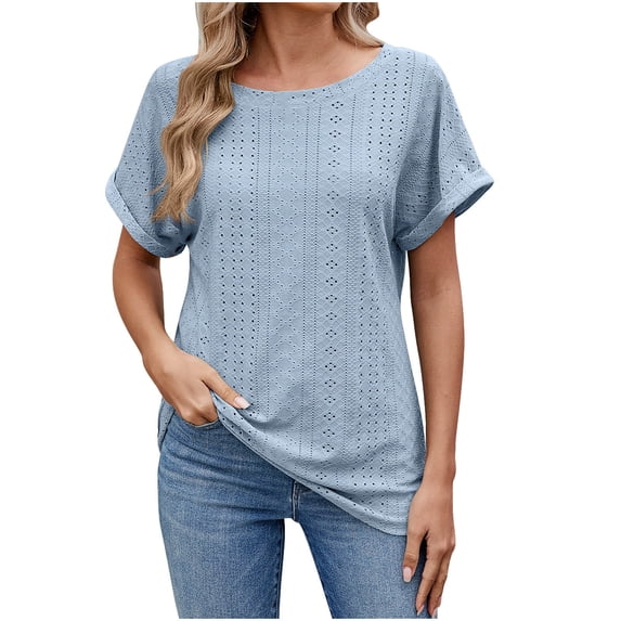 Summer Plus Size Tops for Womens 2026 Fashion Short Sleeved Hollow Round Neck Solid Color Short Sleeved Round Neck Top/shirt