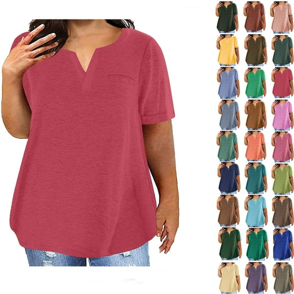 Summer Plus Size Tops for Womens Fashion V-Neck Blouse Solid Color Casual Loose Short Sleeve Blouse