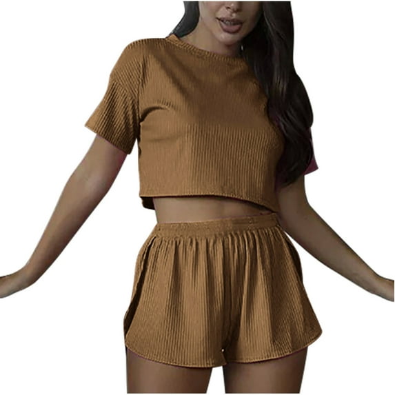 Summer Plus Size Two Piece Outfits for Women Fashion Casual Solid Color Short-sleeved Shorts Set Short-sleeved Crew-neck Top/shirt Set