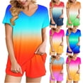thumbnail image 1 of Summer Plus Size Two Piece Outfits for Women Fashion Gradient Casual Home Two-piece V-neck Top With Pocket Shorts Set, 1 of 7