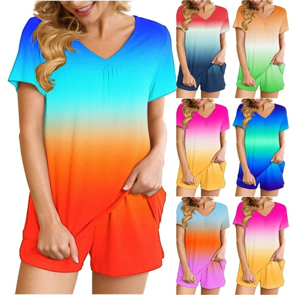 Summer Plus Size Two Piece Outfits for Women Fashion Gradient Casual Home Two-piece V-neck Top With Pocket Shorts Set