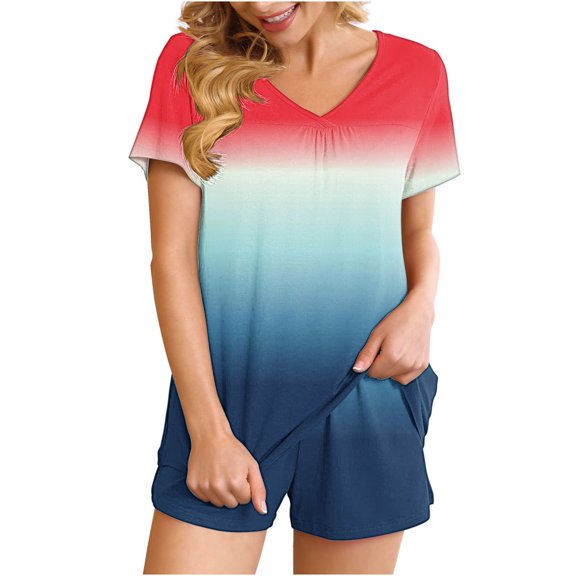Summer Plus Size Two Piece Outfits for Women Fashion Gradient Casual Home Two-piece V-neck Top With Pocket Shorts Set