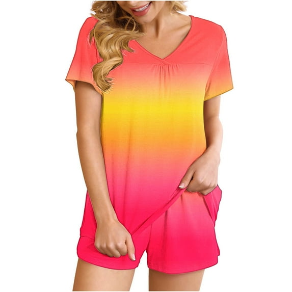 Summer Plus Size Two Piece Outfits for Women Fashion Gradient Casual Home Two-piece V-neck Top With Pocket Shorts Set
