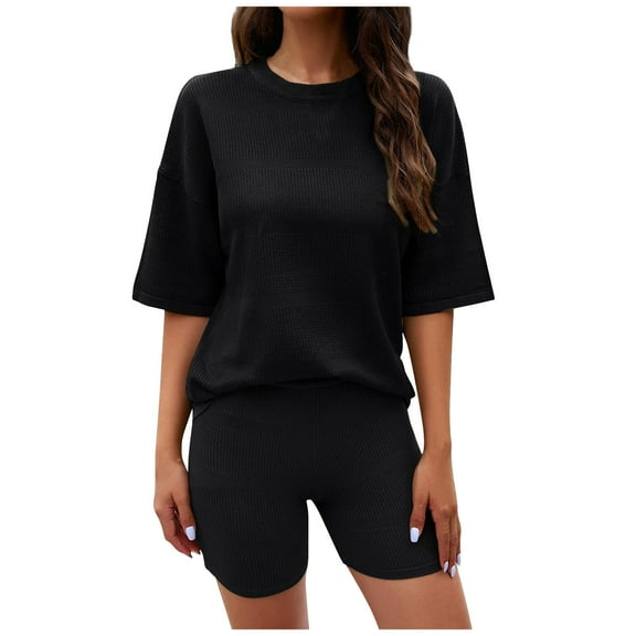 Summer Plus Size Two Piece Outfits for Women Fashion New Round Neck Casual Solid Color Short Sleeved Sweater Short Sleeved Set