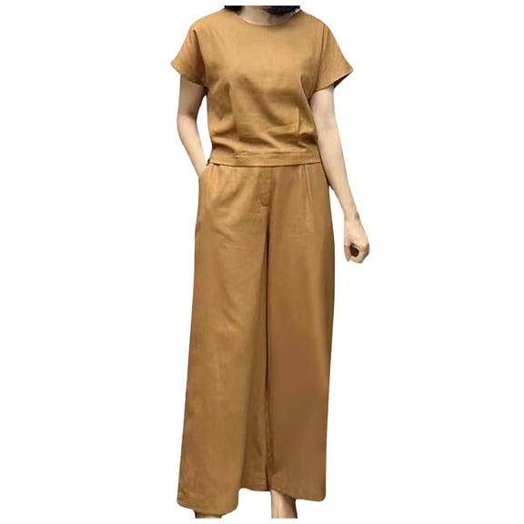 Summer Plus Size Two Piece Outfits for Women Fashion Round Neck Short Sleeve Top, Widened Leg Pants, Long Pants Set