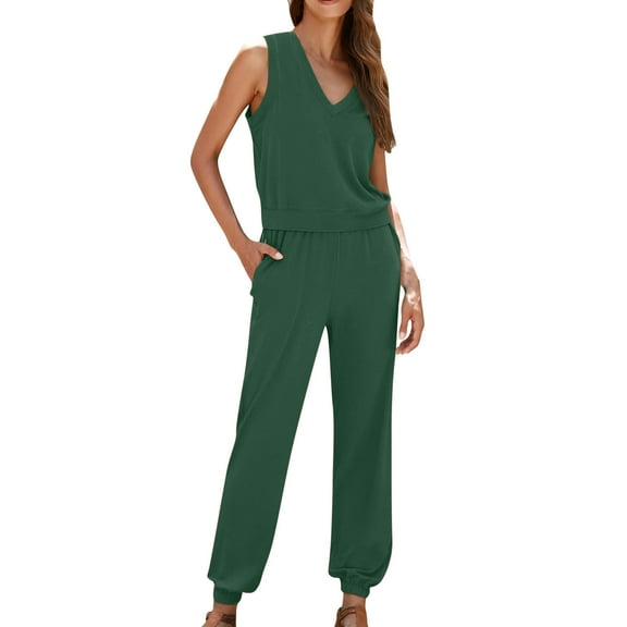 Summer Plus Size Two Piece Outfits for Women Fashion Solid Color Sleeveless V Neck Top   Casual Pants Suit Set Two Piece Set