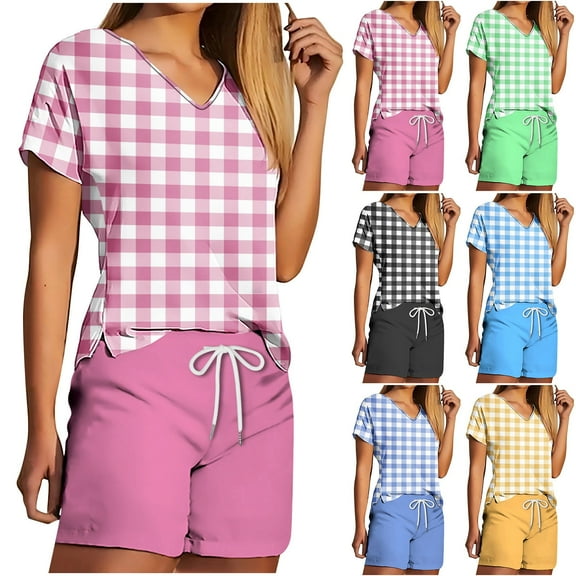 Summer Plus Size Two Piece Outfits for Women Fashion V Neck Shorts Sleeve Two-piece Comfortable Home Pajamas Set Sports Set