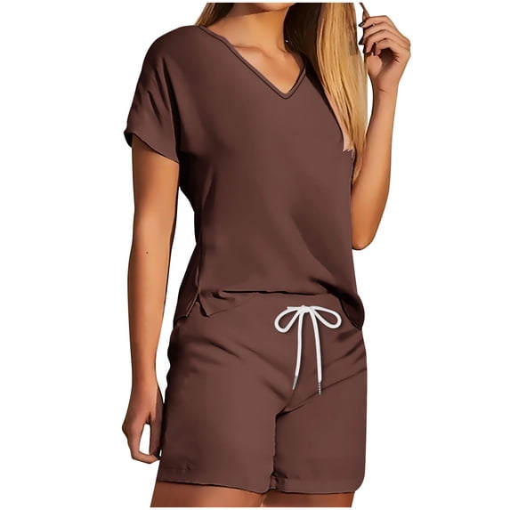 Summer Plus Size Two Piece Outfits for Women Fashion V Neck Shorts Sleeve Two-piece Comfortable Home Pajamas Set Sports Set