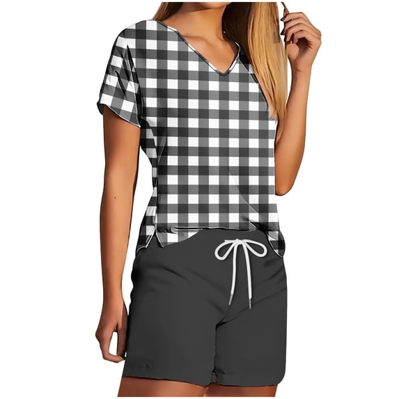 Summer Plus Size Two Piece Outfits for Women Fashion V Neck Shorts Sleeve Two-piece Comfortable Home Pajamas Set Sports Set