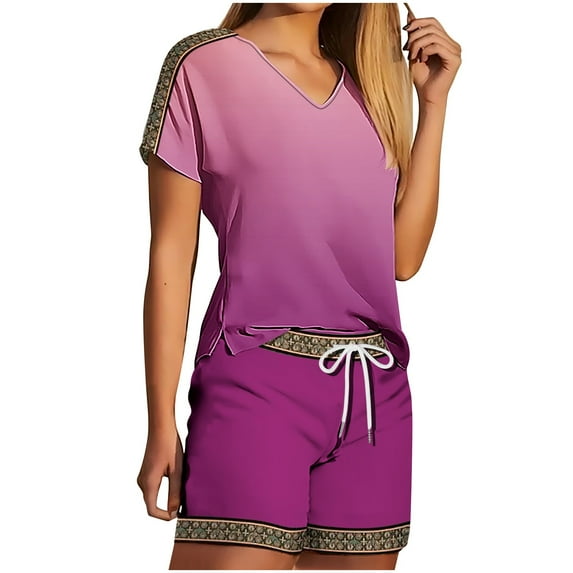 Summer Plus Size Two Piece Outfits for Women Fashion V Neck Shorts Sleeve Two-piece Comfortable Home Pajamas Set Sports Set