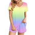 thumbnail image 1 of Summer Plus Size Two Piece Sets for Women Fashion Gradient Casual Home Two-piece V-neck Top With Pocket Shorts Set, 1 of 6